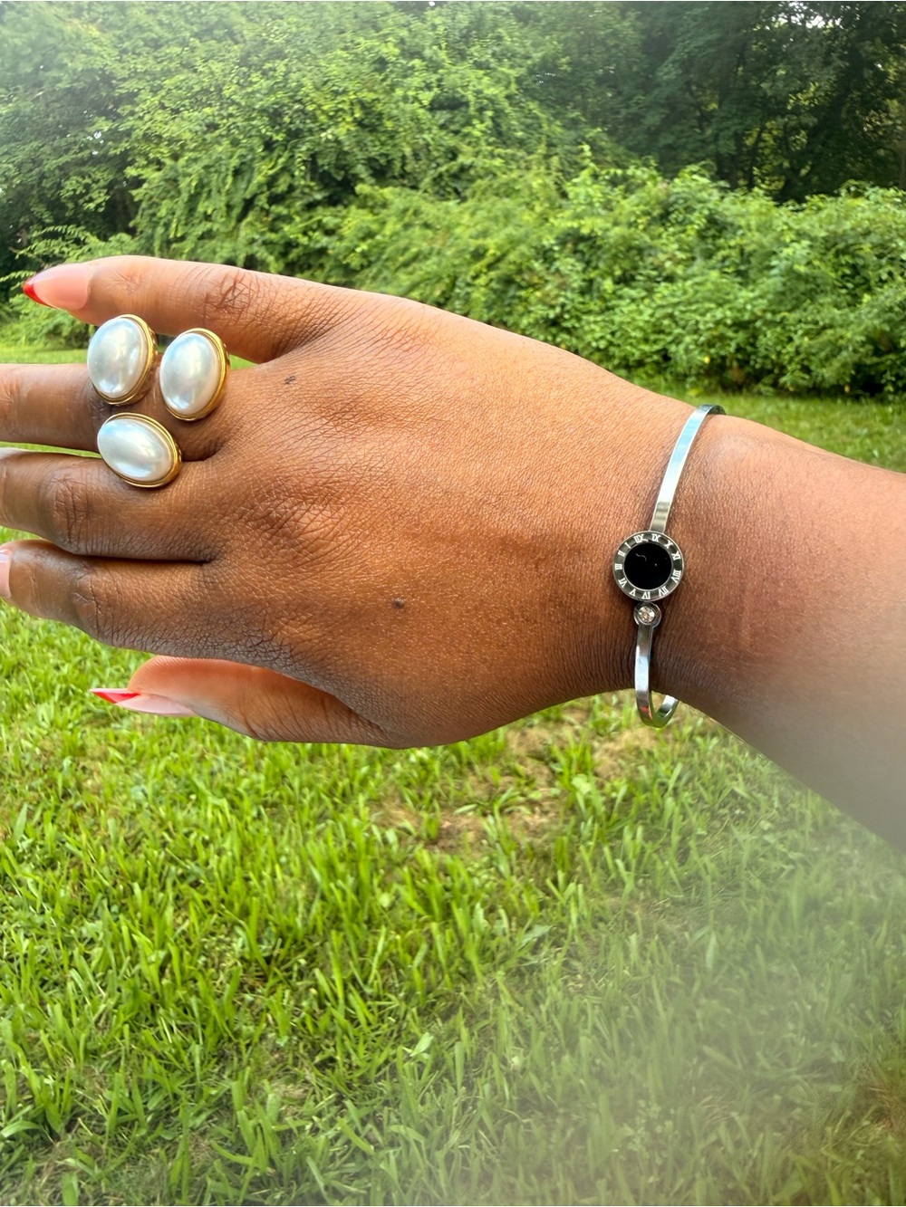 Elegant Black Center Silver Bangle Bracelet